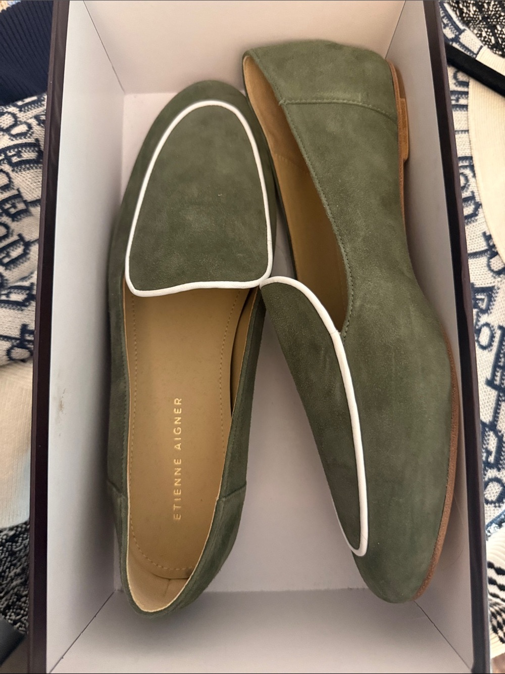 Etienne Aigner Olive Green Suede Loafers with White Trim